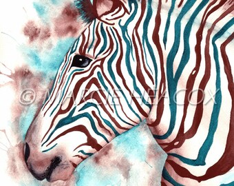 Zebra Abstract - Original Watercolor Art by Marcie Heacox 9" x 12" unframed colorful teal turquoise maroon brown stripes