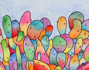 Original Watercolor Cactus Painting Framed 18" x 24" colorful cacti abstract prickly pear rainbow cartoon salt