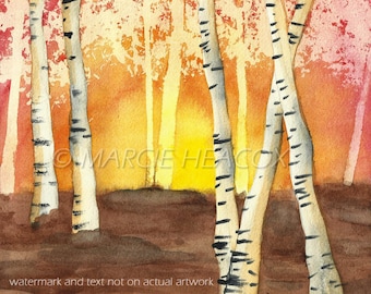 Birch Trees Sunset - Original Watercolor Art by Marcie Heacox 8" x 10" unframed painting trunks orange forest