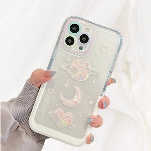 Cute Planet Moon Clear Phone Case for iPhone 15 Pro Max 14 Pro 13 12 11 Aesthetic iPhone 15 14 13 12 11 Case Kawaii Phone Case Minimal Case