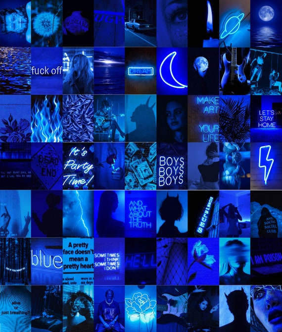 Neon Blue Wall Collage Kit Blue Digital Wall Art Grunge Blue | Etsy