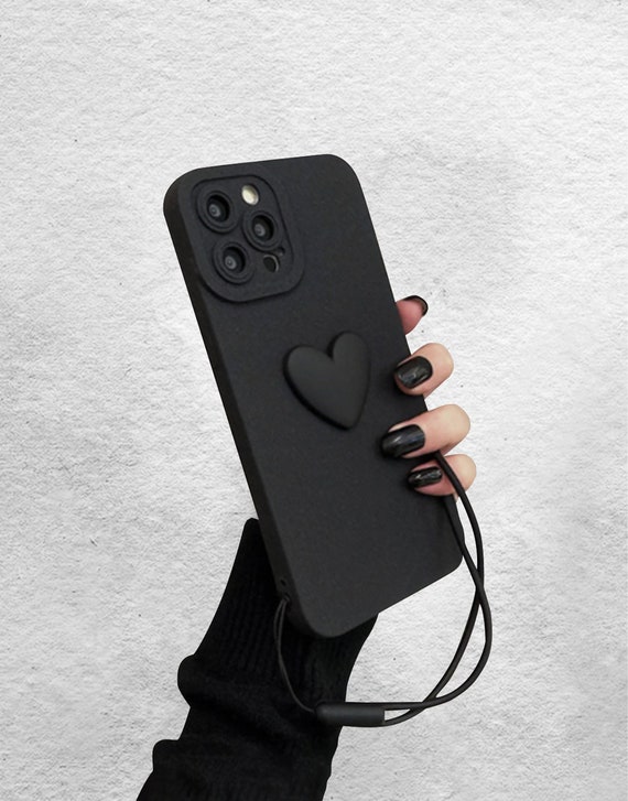 Aesthetic Black Heart Phone Case With Wrist Strap for iPhone 15 Pro Max 14  Pro 13 12 11 Cute iPhone 14 13 12 11 X XR XS Max X 7 8 Plus Case 