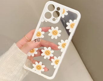 Happy Daisy Clear Phone Case for iPhone 15 14 13 12 11 Pro Max iPhone 15 14 13 12 11 Case iPhone XS Max X XR XS Aesthetic Cute Phone Case
