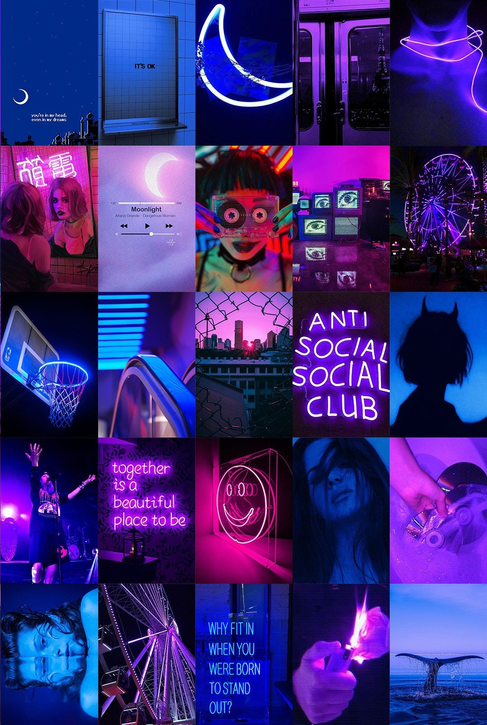 100 Pcs Dark Blue Purple Pink Photo Wall Collage Kit Digital Etsy