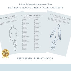 Könnte beinhalten: Druckbare somatische Bewusstseinstabelle mit dem Text "Felt Sense Tracking Sensations Worksheets". Die Arbeitsblätter enthalten eine Körperkarte und eine Liste von Körperempfindungen. Der Text "Print Ready - Instant Access" ist ebenfalls sichtbar.