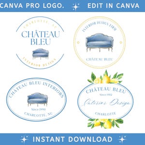 Editable Canva Logo Template, Logo for Small Business, DIY Elegant Monogram Crest Logo design, Interior Design Logo, Blue and Yellow Logo