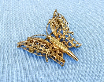 Vintage Gold-Toned Monet Butterfly Brooch With Intricate Filigree Wings & Textured Body | 1970s or 1980s