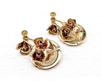 Vintage Light Gold-Toned Floral Screw Back Earrings With Dangling Roses and Leaves in Circular Frames | 1960s or 1970s