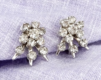 Vintage Art Deco-Style Screw Back Earrings: Clear Glass Rhinestones, Silver-Toned Metal, Prong Settings, 1960s-70s