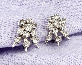 Vintage Silver-Toned Screw Back Earrings With Clear Glass Rhinestones | Abstract Art Deco-Style Design | 1970s or 1980s