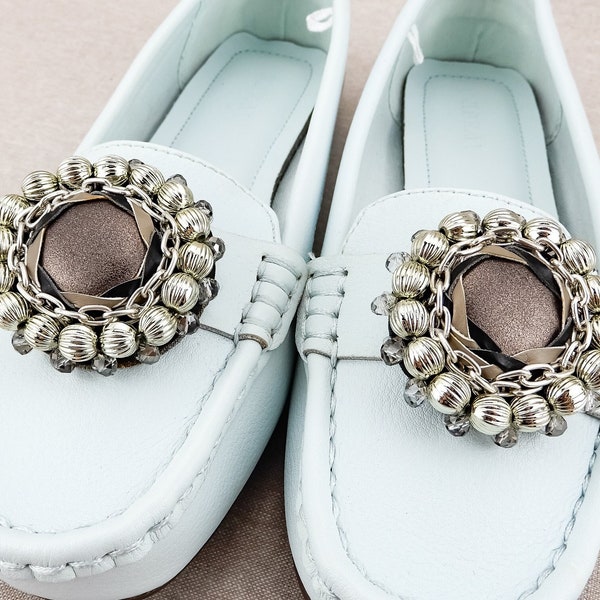 Vintage Circular Shoe Clips With Metallic Brown Faux Leather, Silver-Toned Chain, and Light Gold-Toned & Smoky Gray Beads | 1970s or 1980s