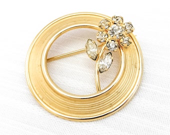 Vintage 12k Gold Filled Circle Brooch With Shiny & Matte Finishes and Clear Rhinestone Flower Accent | 1960s or 1970s