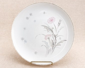 Vintage Mid-Century Contour China Dinner Plate in Ballet Pattern | Pink, Blue, and Gray Floral With Gold-Toned Metallic Rim | 1950s or 1960s