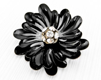 Vintage Coro Black Enamel Flower Power Brooch With Crystal Rhinestone Ball Center and Swirled Petals | 1960s