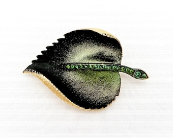 Vintage Matte Gold-Toned Leaf Brooch With Green Rhinestones & Black and Metallic Green Enamel | 1960s to 1970s