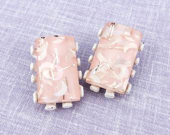 Vintage White-Enameled Clip-On Earrings With Rectangular Blush Pink Confetti Lucite | Light Gold Tinsel & Iridescent Moons | 1950s or 1960s