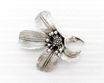 Vintage Silver-Toned Emmons Flower Brooch With Long Petals and Textured Detailing | 1960s or 1970s