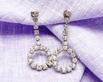 Vintage Dangling Circle Earrings With Clear Rhinestones in Silver-Toned Metal | Posts With Push Backs | 1980s or 1990s