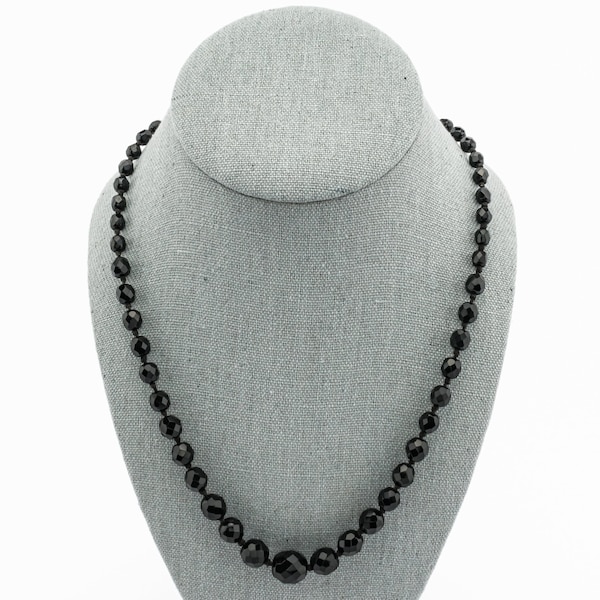 Vintage French Jet Black Glass Necklace With Faceted Round Beads and Cabochon Box Clasp | Austria 1950s or 1960s