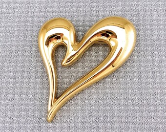 Vintage Monet Large Gold-Toned Heart Brooch With Shiny Finish and Open Center | 1990s