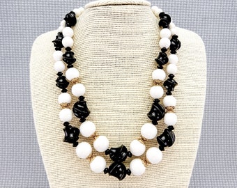 Vintage Double Strand Beaded Necklace With Black & White Acrylic Beads and Gold-Toned Bead Caps | Adjustable Length With Hook Clasp | 1960s