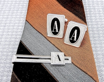 Vintage Silver-Toned Swank Tie Clip & Cuff Links With 'A' Initial Monogram in Serif Font and Black Enamel | Mid-Century 1950s or 1960s