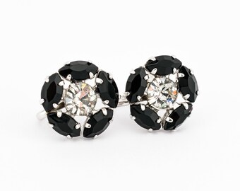 Vintage Silver-Toned Floral Screw Back Earrings With Clear and Black Rhinestones | 1950s or 1960s