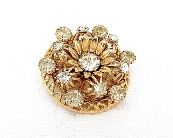 Vintage Gold-Toned Round Filigree Brooch With Clear Rhinestones and Flower Design | 1950s or 1960s