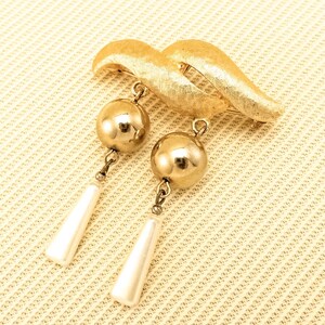 Vintage Gold-Toned Brooch/Pendant Combo: Modernist Abstract Design, Dangling Gold-Toned Metal & Pearlescent Acrylic Beads, 1960s-70s