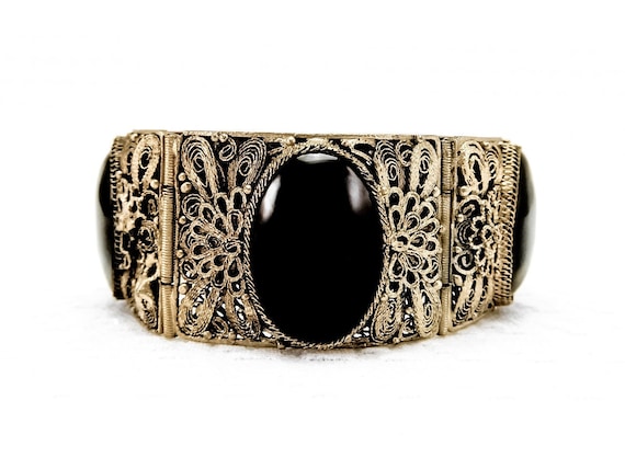 Vintage Cannetille & Filigree Panel Bracelet With… - image 1