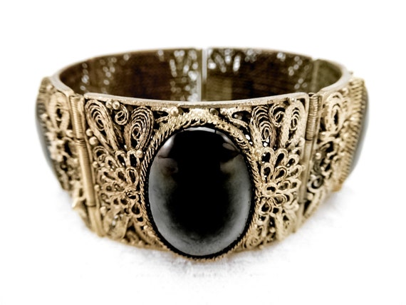 Vintage Cannetille & Filigree Panel Bracelet With… - image 2