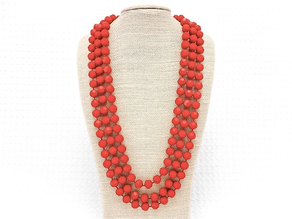 Collier Vintage 3 Rangs Perles Résine Baroques Rouges à Facettes - Bijou Ancien Magnifique