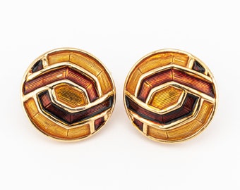 Vintage Boucher Gold-Toned Circle Clip-On Earrings With Yellow and Brown Enameled Geometric Design | 1960s or 1970s