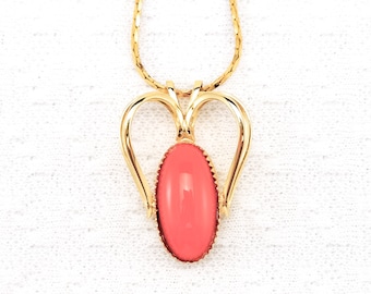 Vintage Gold-Toned Pendant Necklace With Oval Cabochon Made of Dark Coral Pink Acrylic | Box Chain With Spring Ring Clasp | 1980s or 1990s