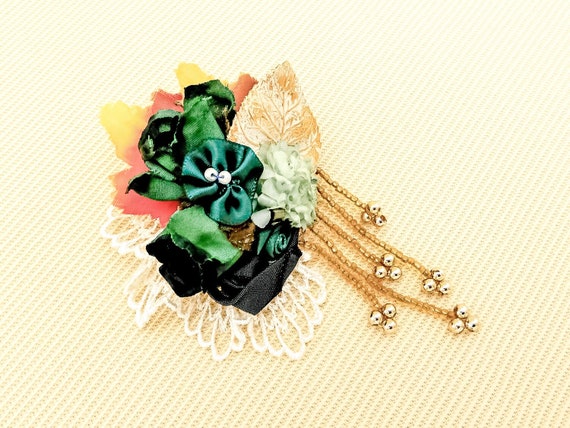 Vintage 'Silk' Flower Collage Brooch With Orange … - image 1