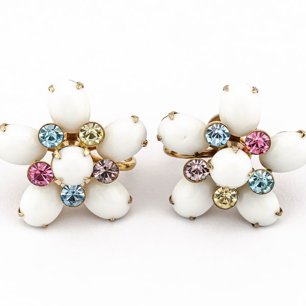 Vintage Weiss Gold-Toned Floral Screw Back Earrings With Milk Glass Cabochons and Pastel Rhinestones | 1940s or 1950s