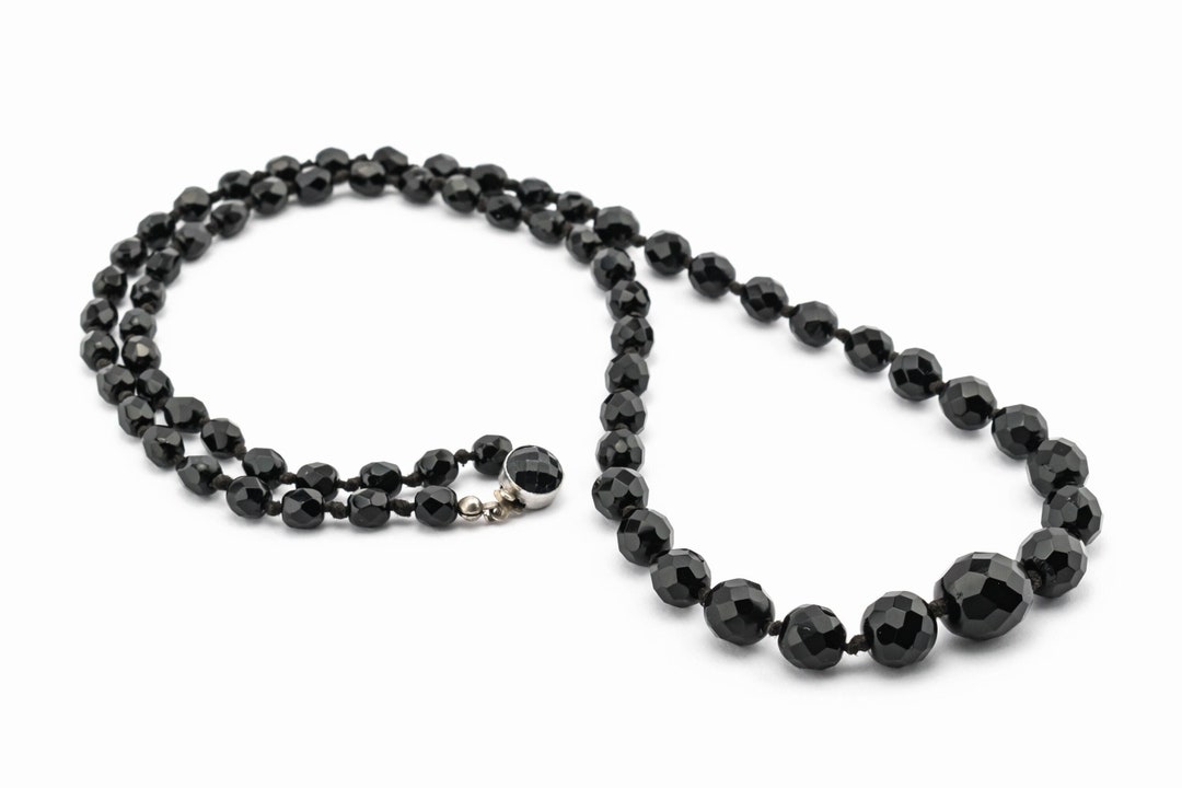 Vintage French Jet Black Glass Necklace With Faceted Round Etsy Hong Kong