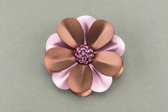 Vintage Enameled Metal Flower Power Brooch With L… - image 2