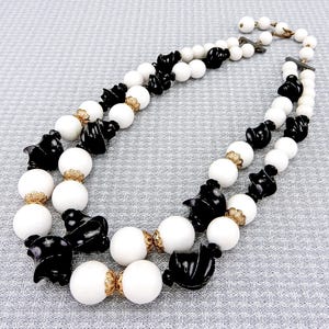 Vintage Black & White Beaded Necklace: Double Strand, Gold-Toned Accents, Adjustable Length, 1960s