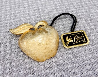 Vintage Small Gold-Toned Coro Apple Brooch With Textured Matte Finish and Original Tag | 1950s