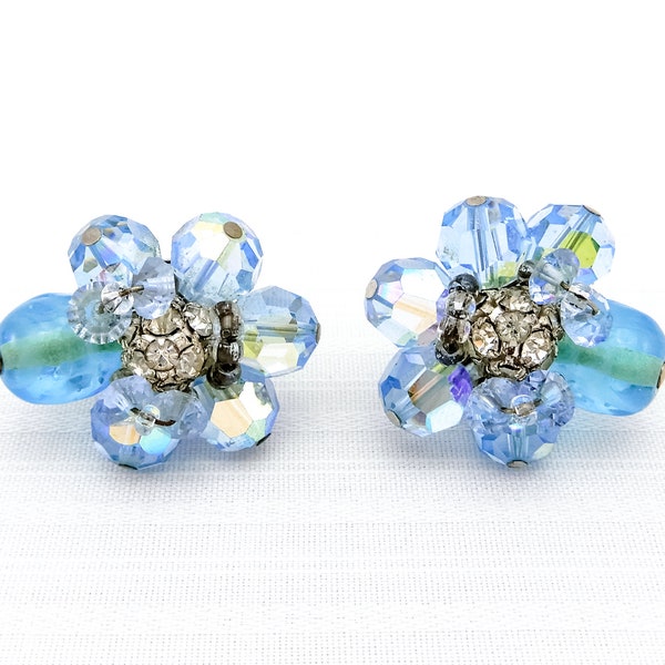Vintage Vendome Cluster Bead Clip-On Earrings With Light Blue Aurora Borealis Beads, Aqua Blown Glass Beads & Clear Rhinestones | 1950s–60s