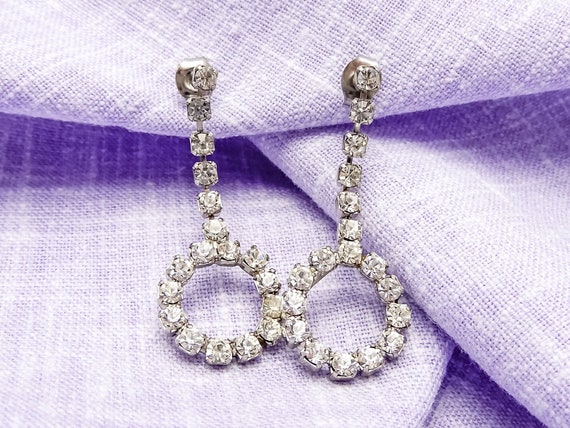 Vintage Dangling Circle Earrings With Clear Rhine… - image 1