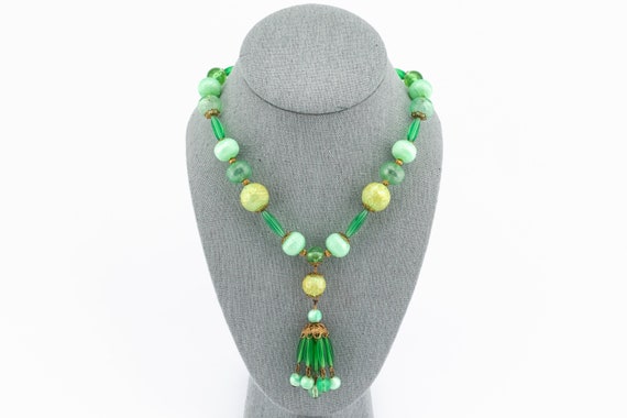 Vintage Green Tassel Necklace With Acrylic Beads … - image 1