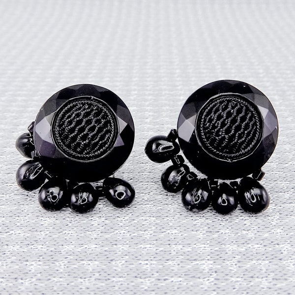 Vintage Victorian Revival Faux Jet Mourning Earrings With Molded Black Glass Discs, Dangling Teardrops, and Seed Beads | Screw Backs | 1940s