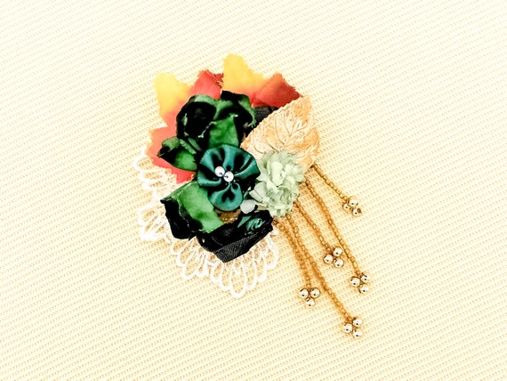 Vintage 'Silk' Flower Collage Brooch With Orange … - image 2