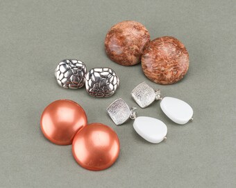 Set of 4 Vintage Clip-On Earring Pairs | Pearlescent Orange, White Milk Glass, Red-Orange Granite, Silver-Toned Metal