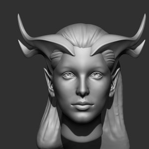 Pode incluir: Um modelo 3D de um rosto feminino com orelhas pontiagudas e chifres. O modelo é renderizado em tons de cinza.