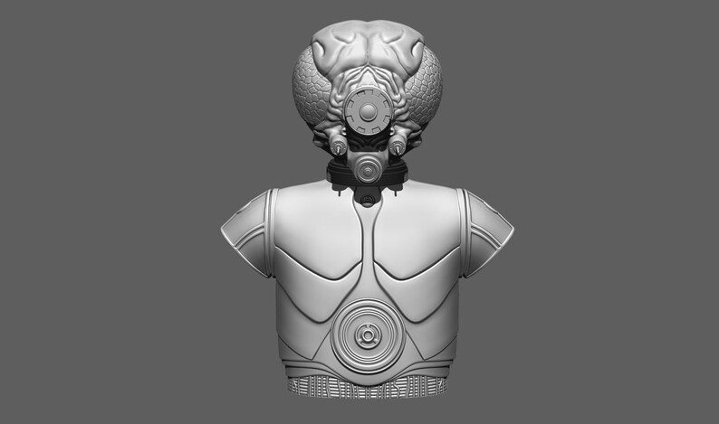 K&ouml;nnte beinhalten: Eine graue, 3D-gedruckte B&uuml;ste einer fiktiven Figur mit einem gro&szlig;en Kopf und einem einzigen Auge. Die Figur tr&auml;gt ein detailliertes, strukturiertes, gepanzertes Brustst&uuml;ck.