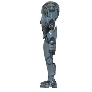 Puede incluir: Un robot plateado con un dise&ntilde;o detallado, de pie en una pose de perfil lateral. El robot tiene una cabeza redonda con un solo ojo y un cuerpo con muchas articulaciones.