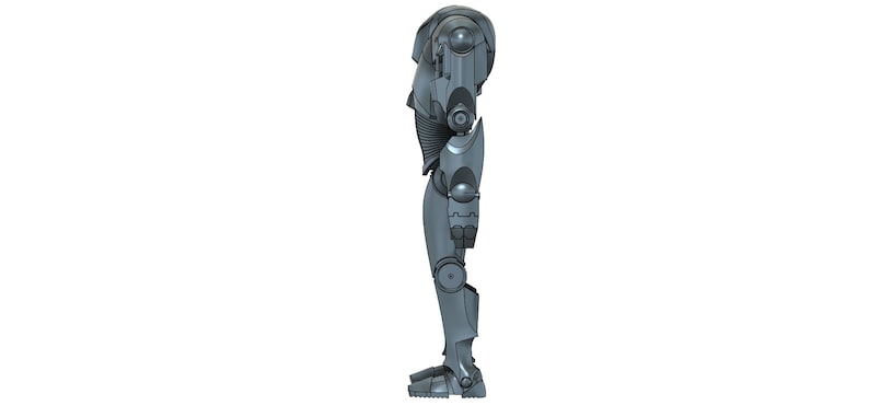 Puede incluir: Un robot plateado con un dise&ntilde;o detallado, de pie en una pose de perfil lateral. El robot tiene una cabeza redonda con un solo ojo y un cuerpo con muchas articulaciones.